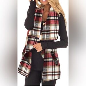 Women’s Plaid Vest Lapel Open Front Sleeveless Cardigan Jacket Coat with Pockets